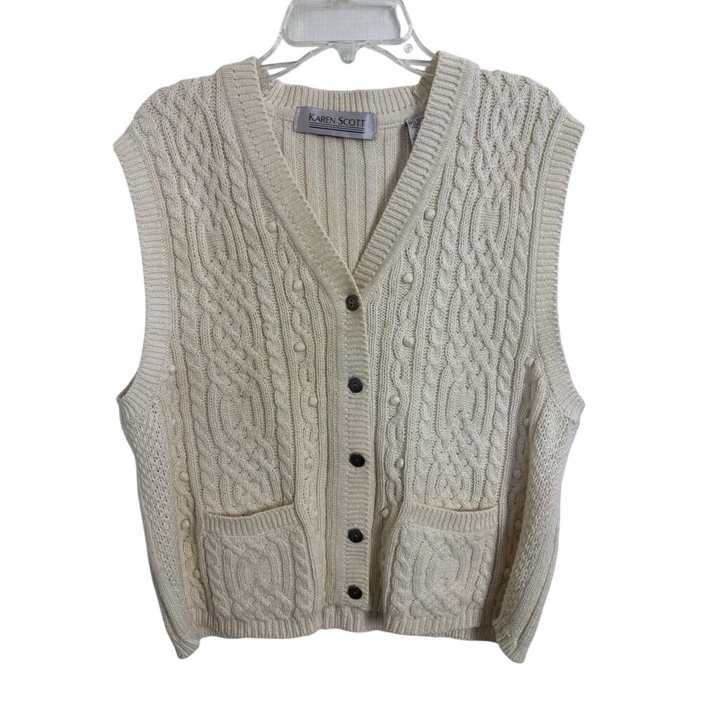 Vtg 90s Neutral Cable Knit Button Sweater Vest Fisherman Cottage Grandpa M Ramie
